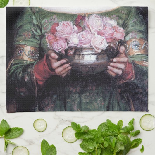 ジョン・ウィリアム・ウォーターハウスのレディとバラ キッチンタオル (折り畳み)