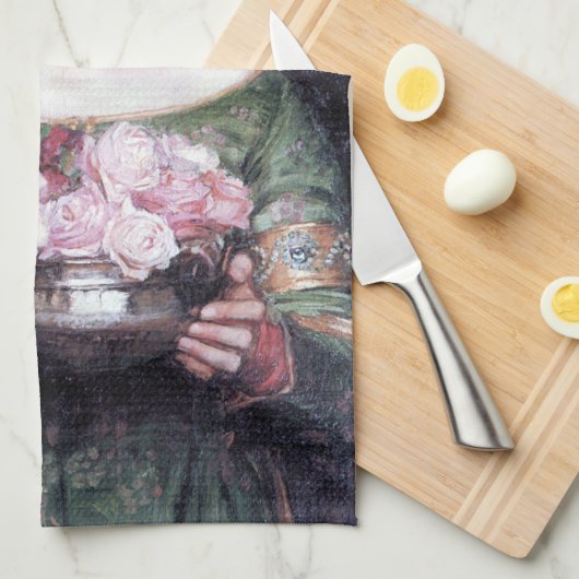ジョン・ウィリアム・ウォーターハウスのレディとバラ キッチンタオル (四つ折り)
