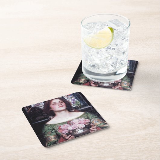 ジョン・ウィリアム・ウォーターハウスのレディとバラ スクエアペーパーコースター (インサイチュ)