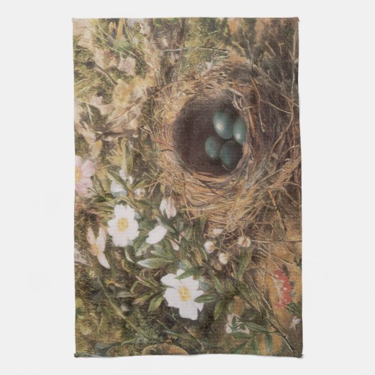 ジョン・ウィリアム・ヒルによる鳥の巣と犬のバラ キッチンタオル (縦)