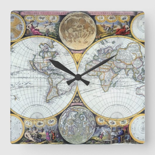 ジョン・セラーによる古地図「アトラス・マリティムス」 スクエア壁時計 (正面)