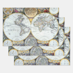 ジョン・セラーの海図帳『Atlas Maritimus』によるアンティーク世界地図 ラッピングペーパーシート