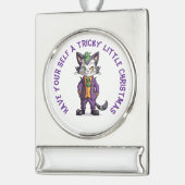 ジョーカーパーソナライズされた猫トリッキーなクリスマス シルバープレートバナーオーナメント (左)