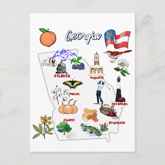 ジョージアの地図と観光客の目的地 ポストカード (正面)