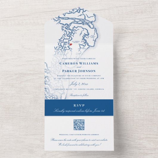 ジョージア州の黄金の島々の地図 エレガントなウェディング オールインワン招待状 (内側)