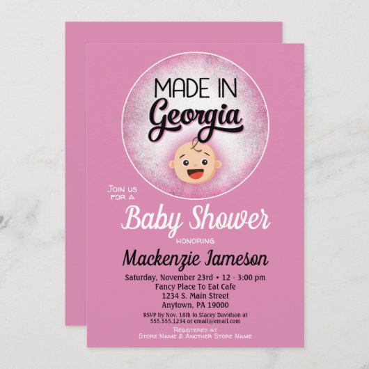 ジョージア赤ちゃんおもしろいシャワーピンクガールズ招待状 招待状 (正面/裏面)