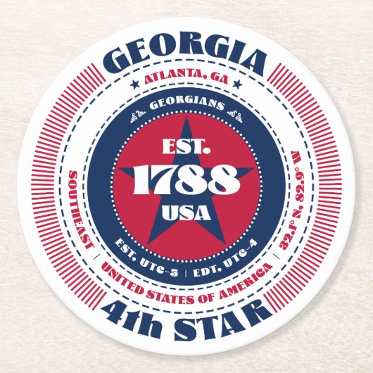 ジョージア赤白青タイポグラフィ ラウンドペーパーコースター (正面)