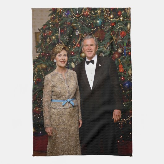 ジョージ・ブッシュ大統領、ローラ・クリスマスホワイトハウス キッチンタオル (縦)