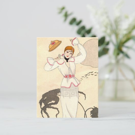 ジョージBarbier著ばら色ベルトが付いている白い服 ポストカード (スタンド正面)