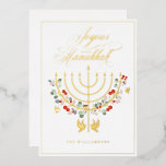 ジョースハヌカーフェスティバル（ユダヤ教）メノラーキャンドルフォト 箔シーズンカード<br><div class="desc">Joyous Hanukkah，あなたのHanukkahの願いを送信するあなたの家族と友人と私たちの美しいカスタマイズ可能な写真カード。私たちのデザインは、美しいフェスティバルの花模様ととフェイクバラ金ゴールドに私たちの美しい手で描かれた（ユダヤ教）メノラーキャンドルを備え飾ている。この美しいハヌカーデザインにはハトインスパイアブも組み込まれている。美しく書道の書フォントには「喜びハエレガントヌカー」。年カスタマイズ、家族の署名、あなたの家族の写真がカードの背面に追加された。全てのイラストレーションは鳥類科学のオリジナルのアートワークによって手書き描かれている。</div>