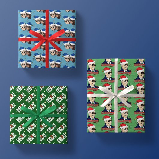 ジョーバイデン氏カマラハリスブルークリスマストリオギフト ラッピングペーパーシート