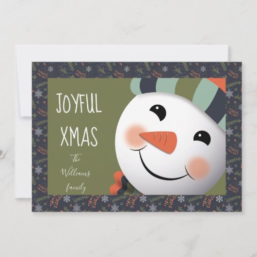 ジョーブルクリスマスハッピー雪だるまフリー縁どジグリーン シーズンカード (正面)