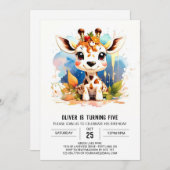 ジラフェギグルサファリ誕生日招待 招待状 (正面/裏面)