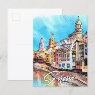 ジローナスペイン水絵を描色の旅行 ポストカード