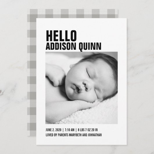 ジンガはっきりしたムプレイドベビー写真誕生のお知らせ 案内状 (正面/裏面)