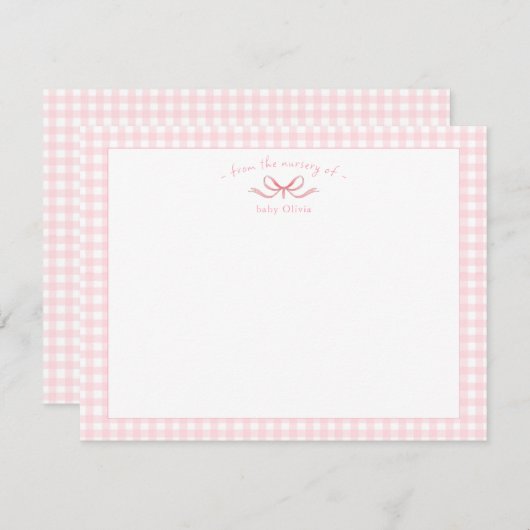 ジンガムの赤ちゃん女の子と縁どの水の色のピンクの弓 サンキューカード (正面/裏面)