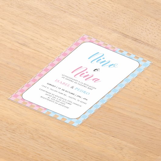 ジンガムクラシックニーノ・オ・ニーナスペインのジェンダー発表 アクリル招待状 (レイダウン)