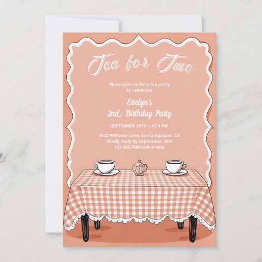 ジンガム茶パーティー茶2歳の誕生日のお茶 招待状 (正面)