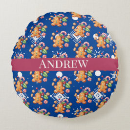 ジンガーブレッドキャンディーケーンクリスマスレッドブルー ラウンドクッション