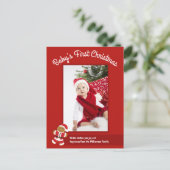ジンガーブレッドサンタレッド写真ベビー初めてのクリスマス シーズンポストカード (スタンド正面)