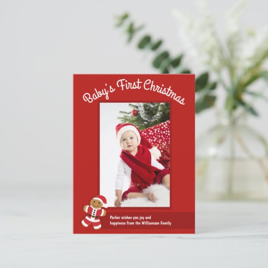ジンガーブレッドサンタレッド写真ベビー初めてのクリスマス シーズンポストカード (スタンド正面)