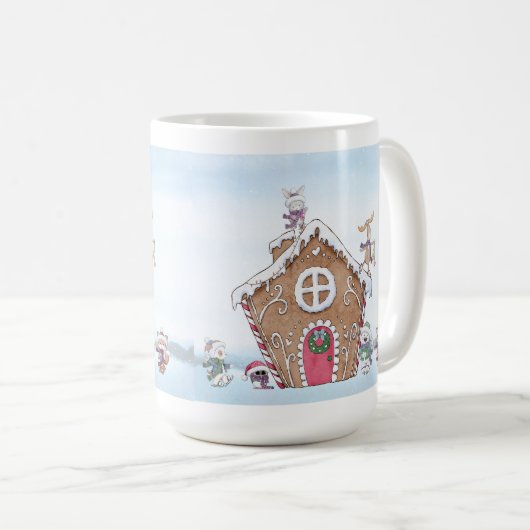 ジンガーブレッドハウスアイススケートで滑る動物冬のシーン コーヒーマグカップ (正面右)