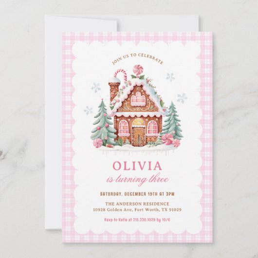 ジンガーブレッドハウスガールバースデーパーティーの招待 招待状 (正面)