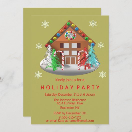 ジンガーブレッドハウスキャンディーケーン金ゴールドホリデーパーティー 招待状 (正面/裏面)