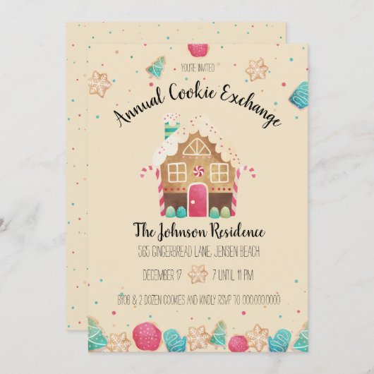 ジンガーブレッドハウスキュートホリデークッキー交換 招待状 (正面/裏面)