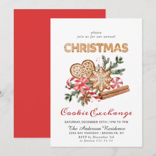 ジンガーブレッドハウスクッキー交換クリスマスパーティー 招待状 (正面/裏面)