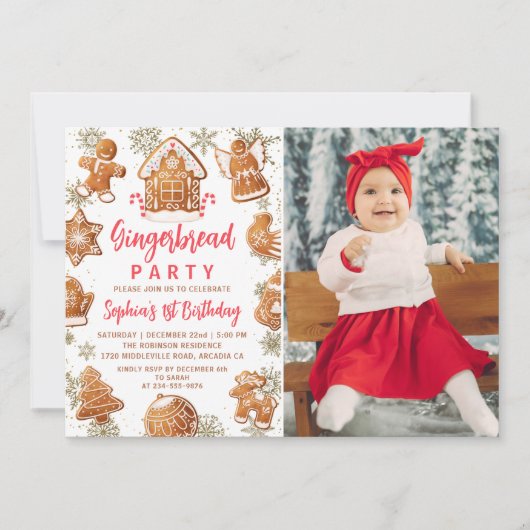 ジンガーブレッドハウスクッキー飾の誕生日写真 招待状 (正面)