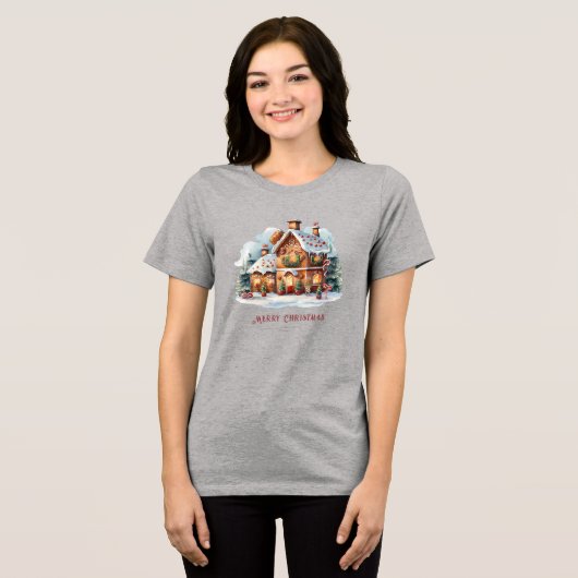 ジンガーブレッドハウスクリスマスホリディウィメンズ トライブレンドＴシャツ (正面全面)