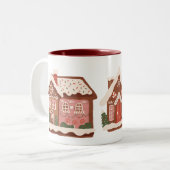 ジンガーブレッドハウスクリスマスホリデートレンディーおもしろい ツートーンマグカップ (正面左)