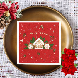 ジンガーブレッドハウスハッピーホリデイズパーティーレッドグリーン スタンダードカクテルナプキン
