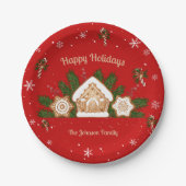 ジンガーブレッドハウスハッピーホリデーズレッド ペーパープレート (正面)