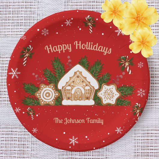ジンガーブレッドハウスハッピーホリデーズレッド ペーパープレート