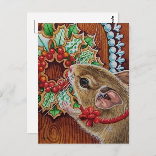 ジンガーブレッドハウスマウス&リースウォーターカラーアート ポストカード (正面/裏面)