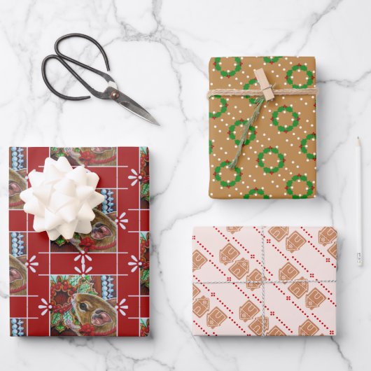 ジンガーブレッドハウスマウス&リースウォーターカラーアートWr ラッピングペーパーシート (正面)