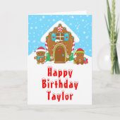 ジンガーブレッドハウスレッドアンドブルーハッピーバースデー カード (正面)