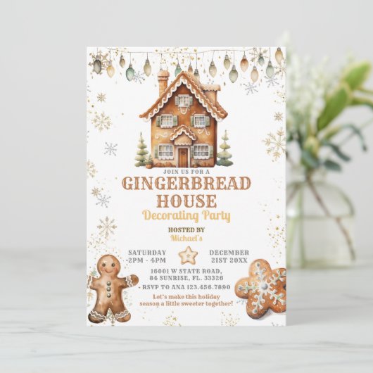 ジンガーブレッドハウス金ゴールド飾クリスマスパーティー 招待状 (スタンド正面)