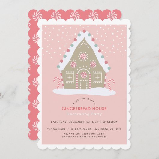 ジンガーブレッ飾ドハウスピンクホリデーパーティー 招待状 (正面/裏面)