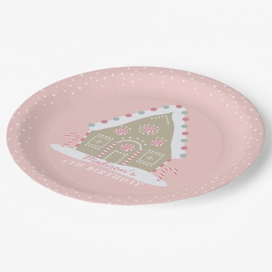 ジンガーブレッ飾ドハウス誕生日ピンク ペーパープレート (アングル)