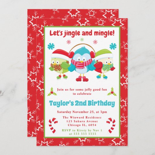 ジングルとミングルフールクリスマス子供の誕生日 招待状 (正面/裏面)