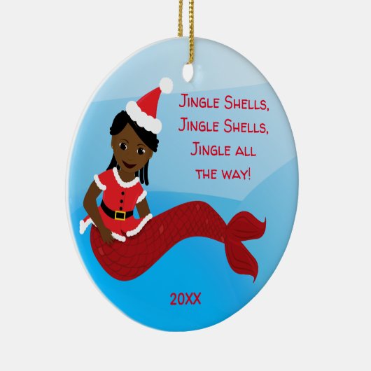 ジングルは人魚のアフリカ系アメリカ人のサンタの帽子を殻から取り出します セラミックオーナメント (右)