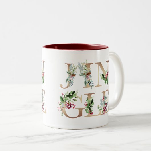 ジングルフェイク金ゴールド花模様クリスマス冬の休日 ツートーンマグカップ (正面右)