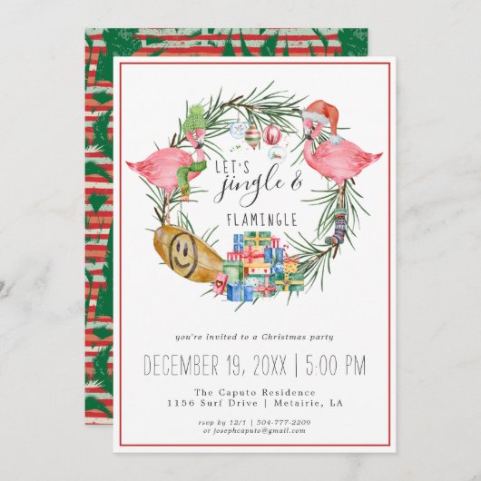 ジングル&フラミンゴ クリスマス・パーティーへの招待状 (正面/裏面)