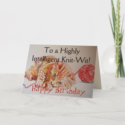 ジンジャーおもしろいキャット編み物ニットウール誕生日カード カード (正面)
