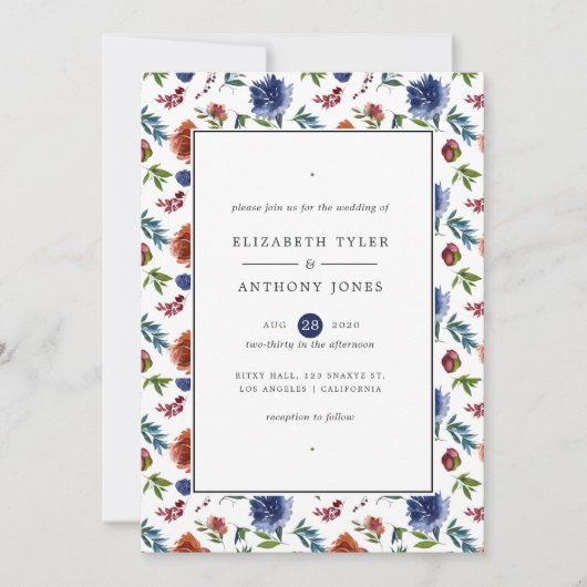 ジンジャーとネイビーの水の色のフローラ結婚ズ 招待状 (正面)