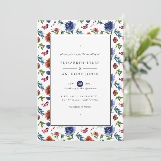 ジンジャーとネイビーの水の色のフローラ結婚ズ 招待状 (スタンド正面)