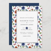 ジンジャーとネイビーの水の色のフローラ結婚ズ 招待状 (正面/裏面)